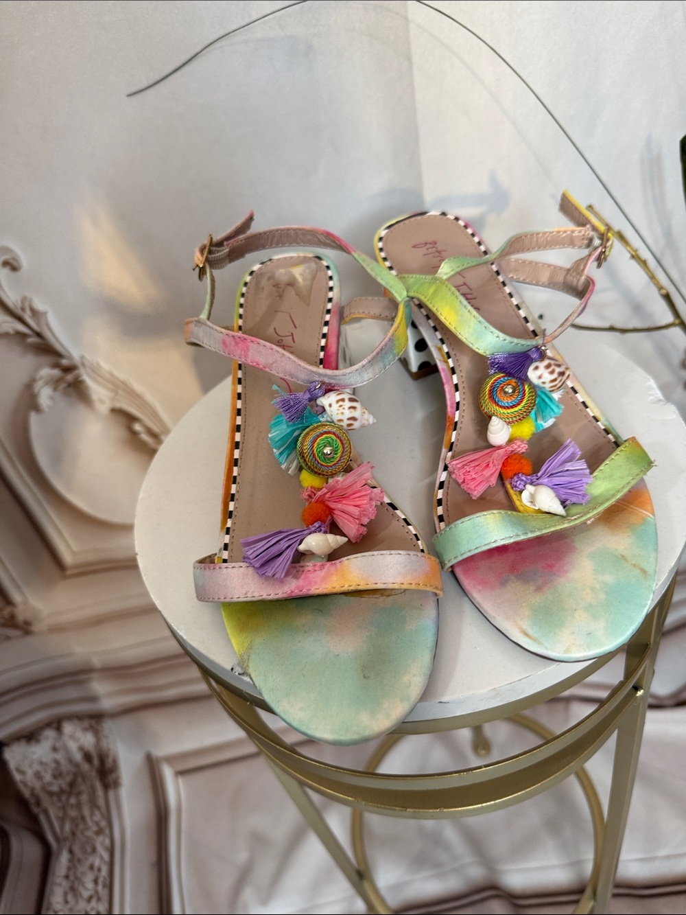 Betsey Johnson Pastel Tie-Dye Tassel & Shell Sandals